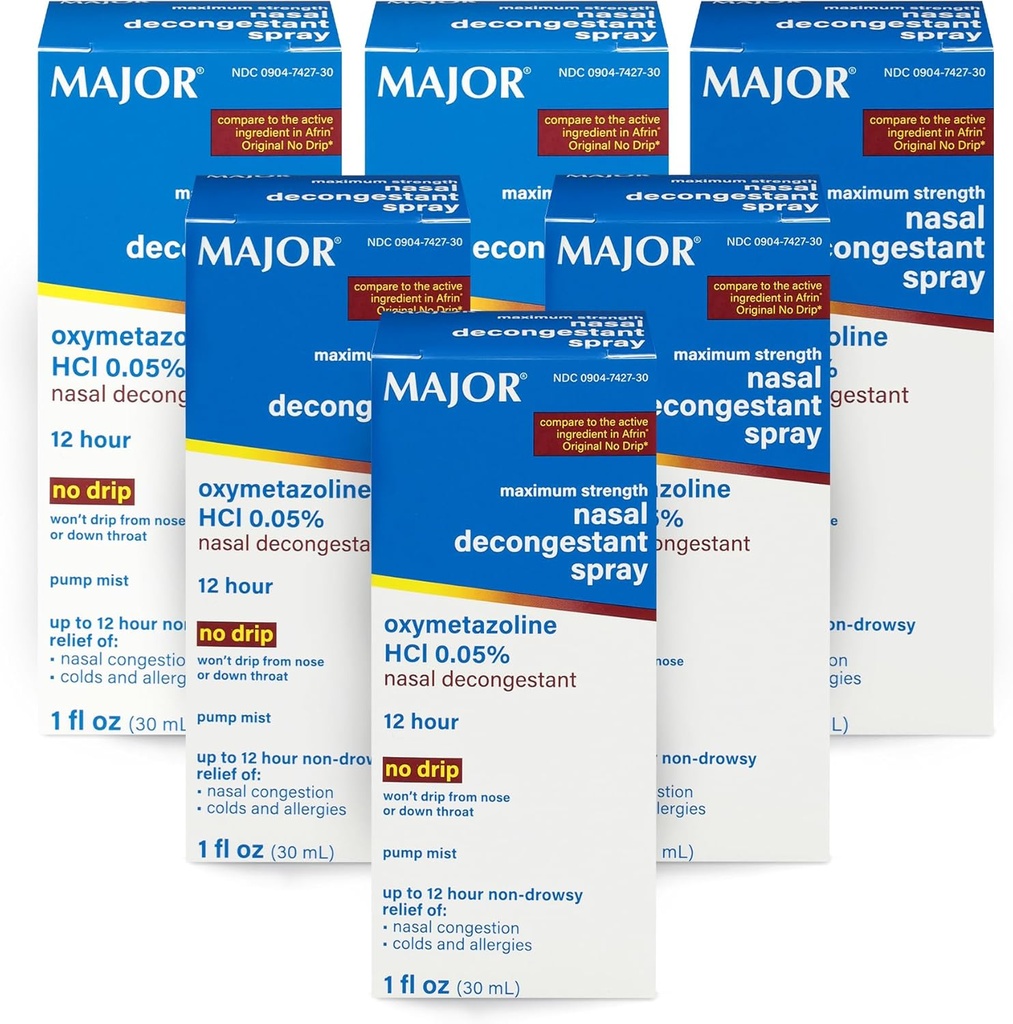 MAJOR 최대 힘 Nasal Decongestant 살포, Oxymetazoline HCl 0.05% 펌프 Mist의 Nasal 살포, Nasal Congestion, 감기 및 알레르기 1 Fl. Oz에서 12 시간 기복까지 비 돌리십시오. (6 팩)