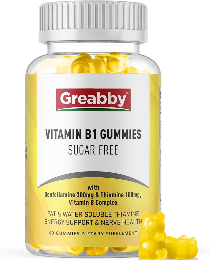비타민 B1 Gummies - Benfotiamine 300mg & Thiamine 100mg, 설탕 무료, 비타민 B Complex Chewable 보충교재, 에너지 부스트 & 여성 남자, 60 Gummies를 위한 신경 체계 건강