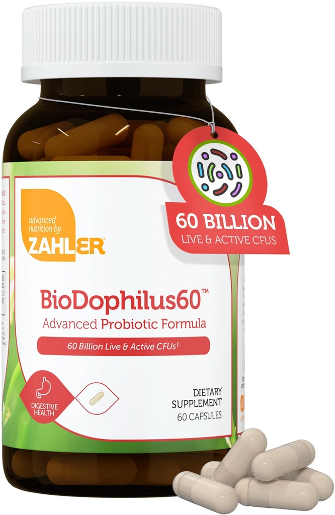Zahler BioDophilus60, 60 억 CFU Probiotic + Prebiotic - 11 Strains Daily Probiotic Supplement - 소화 건강을위한 여성을위한 Kosher Probiotics, Gut Health 용 남성 프로 바이오 틱 (60 캡슐)
