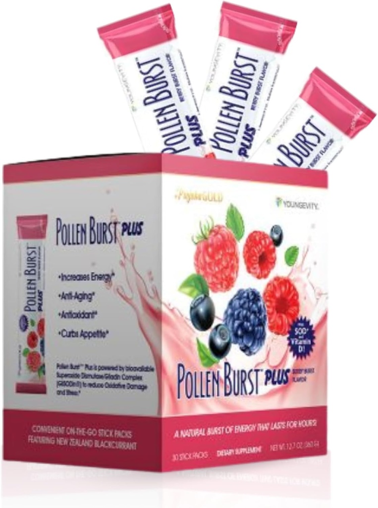 Youngevity Projoba Pollen Burst Plus Berry - 꽃가루, 비타민 및 산화 방지제와 천연 에너지 음료 - 지속 에너지 및 전반적인 웰빙을 지원하는 30 패킷