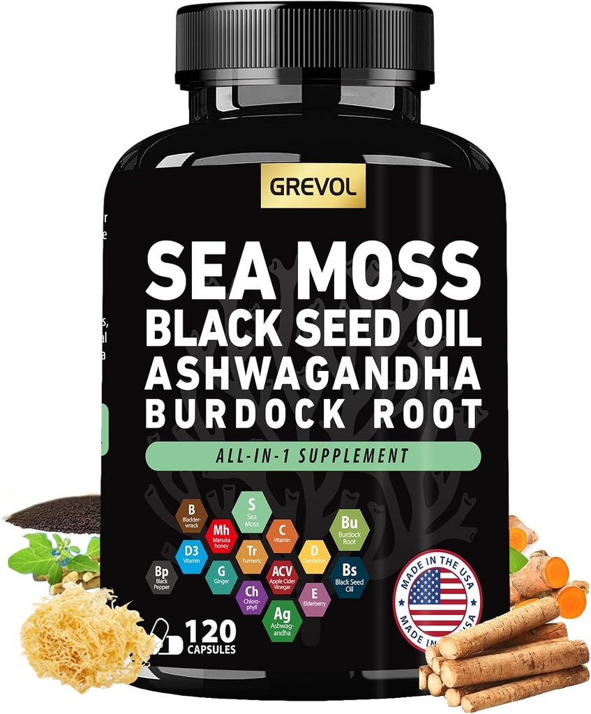 Sea Moss 캡슐과 Ashwagandha 검은 씨앗 오일 Bladderwrack Burdock 뿌리 심황 & 비타민 C D3 Elderberry ACV 검은 후추 - 다국적 보충교재 - 120 조사