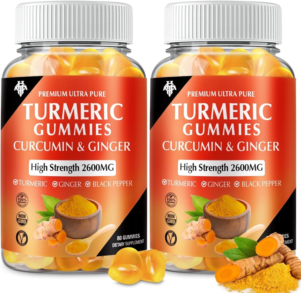 심황 쿠르쿠민 Gummies Ginger & Black Pepper Vegan Pectin 공식 Immune Boost, 건강한 피부 & 합동 지원 성인 & 청소년 (2 팩)를 위한 Chewable 보충교재