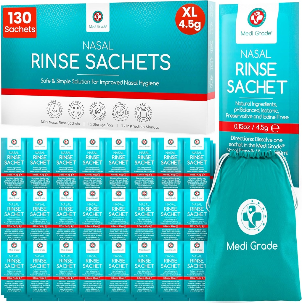 Medi Grade Sinus Rinse Packets – Nasal Rinse Essentials Kit of 130 x Salt Packets and 편리한 Storage Bag - Effortless Nasal Irrigation at Home 또는 Neti Pot Salt Packets와 함께 이동하십시오.
