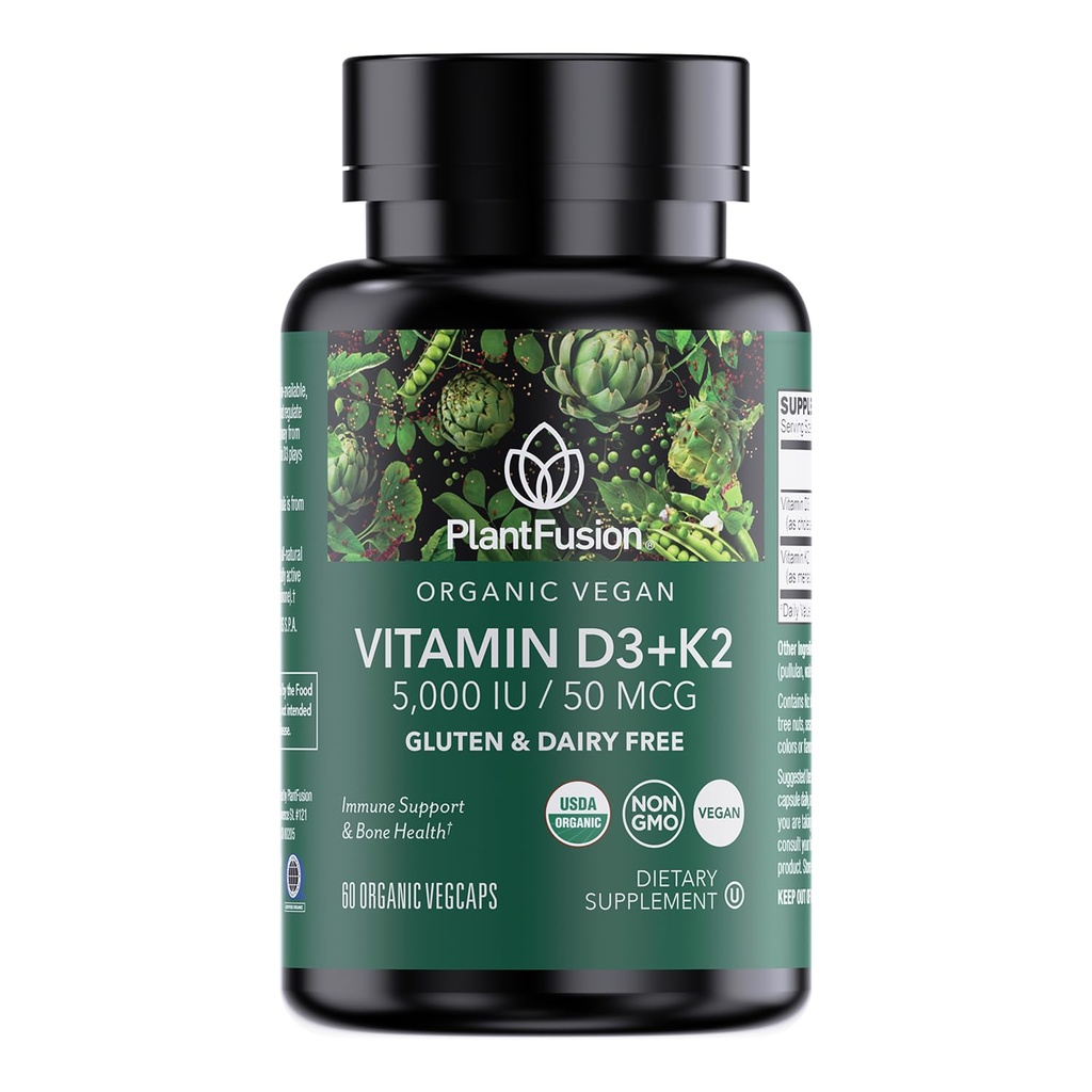 PlantFusion Organic Vegan 비타민 D3 + K2 5,000 IU, 50MCG - 식물 기반 Lichen 및 비타민 K2에서 Sourced, 면역 지원 및 뼈 건강 - 60 캡슐