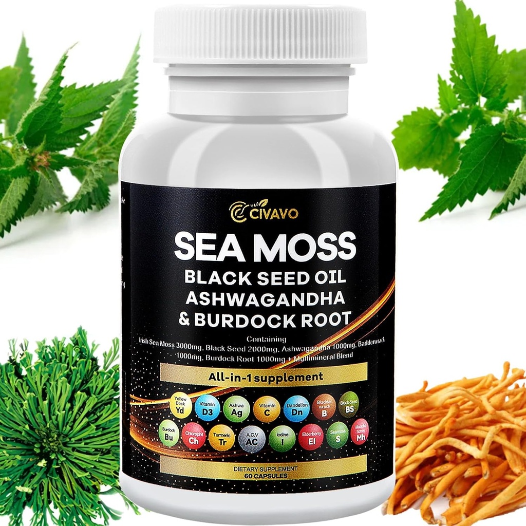 바다 모스 3000mg 검정씨 기름 2000mg Ashwagandha 1000mg Bladderwrack 1000mg Turmeric 1000mg Burdock 1000mg 비타민 C & D3 Elderberry Manuka Dandelion 황색 독 엽록소 ACV