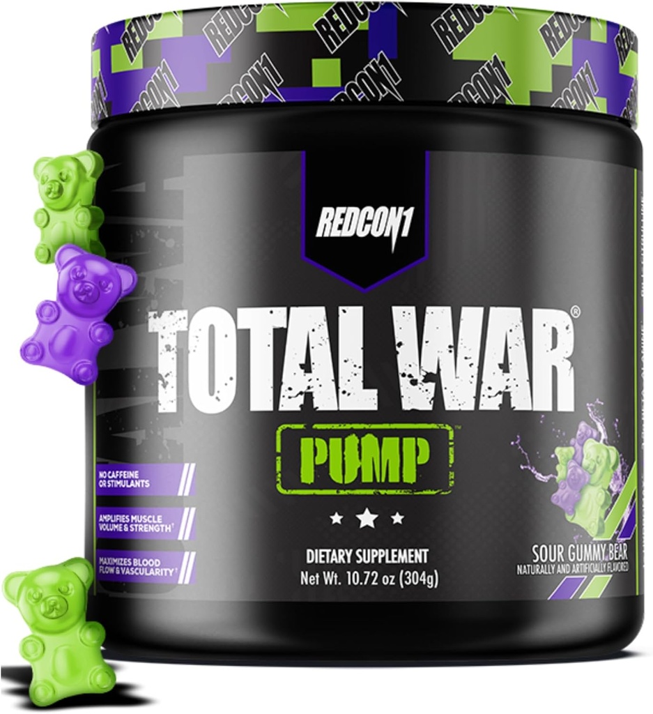 REDCON1 Non Stim & Caffeine Free Pre Workout Powder for Women & Men - Total War Pump - L-Citrulline, Beta Alanine 및 More - 일상 생활에서 운동 - Sour Gummy Bear (10.72 oz)