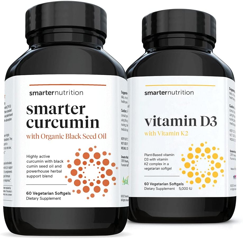 SMARTERNUTRITION Curcumin - 효능 및 흡수 + 식물 기반 비타민 D3 면역 지원 Vegan K2 Complex