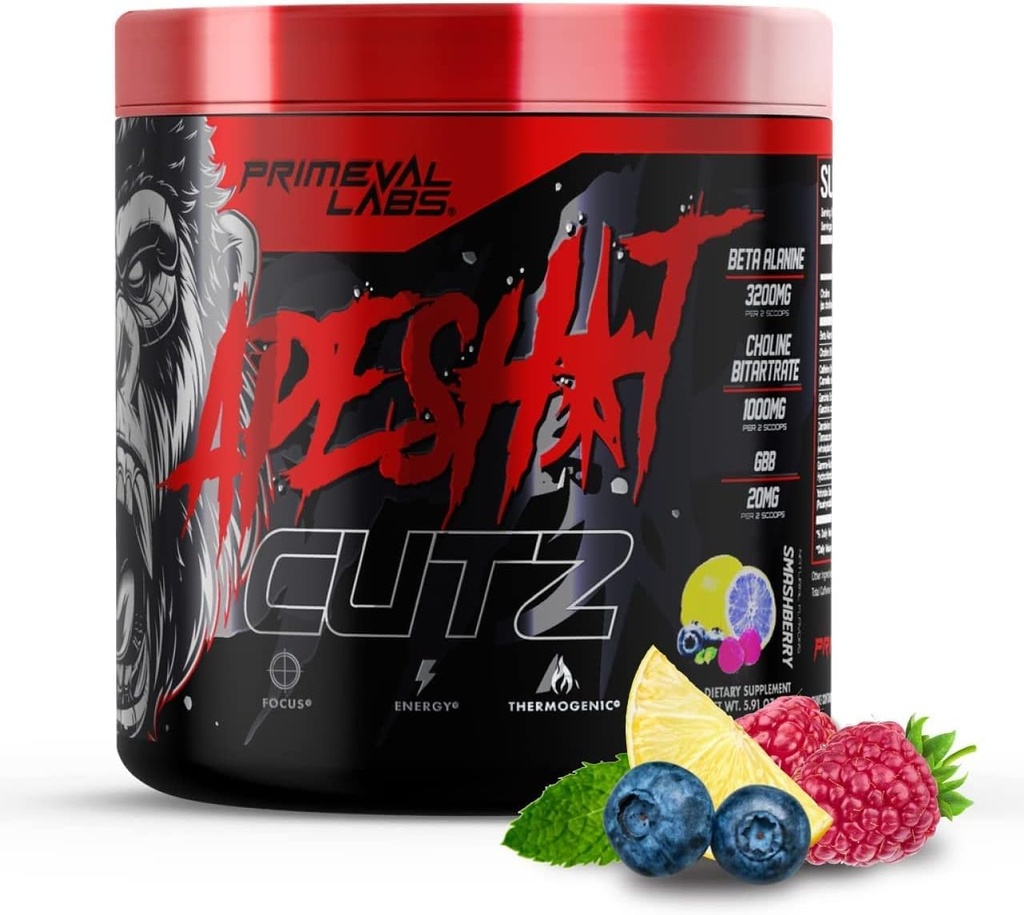 Primeval Labs Ape Cutz Pre Workout Powder | Scientifically Formulated | 베타 알라닌으로 향상된 성능 | 포스트 운동 음료 및 에너지 부스터 50 서빙 스매시 베리