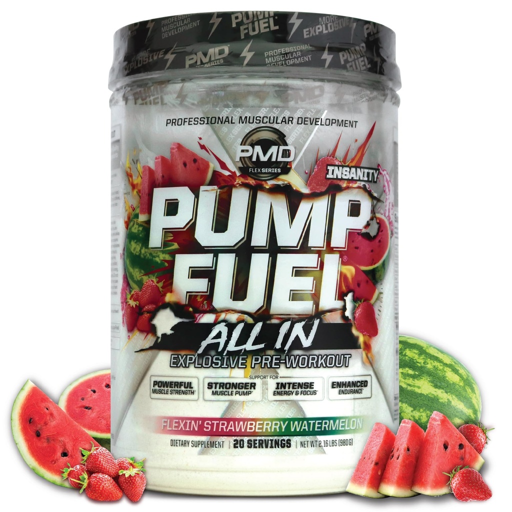 PMD 스포츠 펌프 연료 All in Insanity, Ultimate Pre Workout & Muscle Pump, 최대 힘 에너지, 초점, 내구시간 및 복구, Creatine & Beta Alanine, Flexin’ Strawberry Watermelon (20 서빙)
