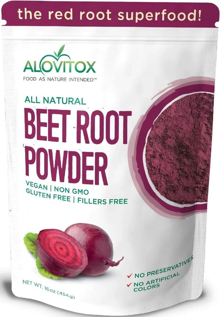 Alovitox Organic Beet Root Powder | 100 % Fresh Beet Root Extract | 칼슘, 철, 칼륨 및 Folate의 높은 산화 질소 슈퍼 푸드 | 효과적인 운동 지원 | Vegan, Non-GMO, 글루텐 프리 | 16 oz