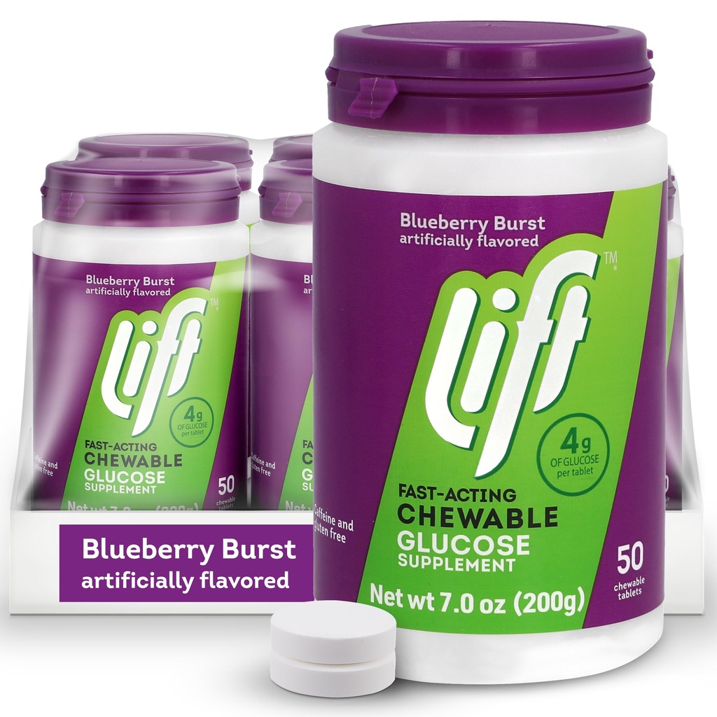 Lift Glucose | 빠른 인용 포도당 화학성 에너지 정제 | 블루베리 | 50 ct 항아리 (포장 6)