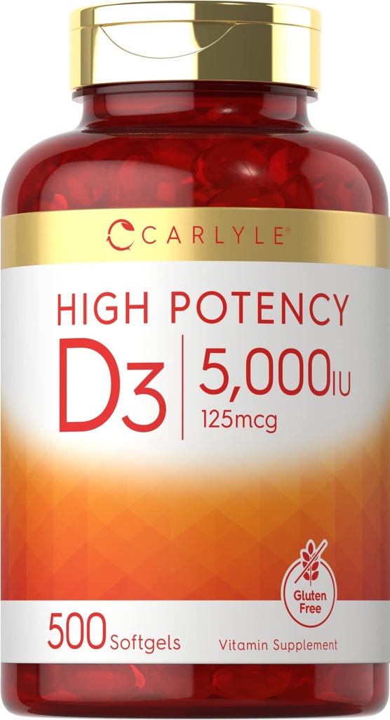 Carlyle Vitamin D3 5000 IU Softgels | 500 카운트 | 값 크기 | 비 GMO 및 글루텐 무료 보충 | 높은 효능 공식 | 125mcg