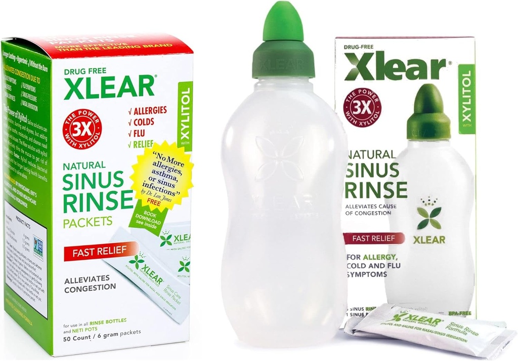 Xlear Natural Xylitol Sinus Rinse Refill, Neti Pot Saline Packets - Fast Pressure 및 Congestion Relief 용 Nose Cleaner는 대부분의 Nasal Irrigation Systems, 50 카운트 및 1 Rinse Bottle과 함께 작동합니다.