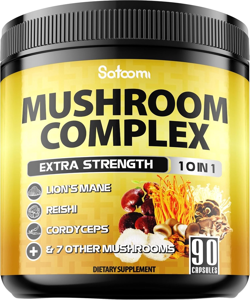 Satoomi 10in1 버섯 보충교재 Complex - 사자 Mane, Cordyceps, Reishi, Chaga 및 6 더 - 기억 & 초점을 위한 뇌 보충교재 - 90 조사 - 3 달 공급