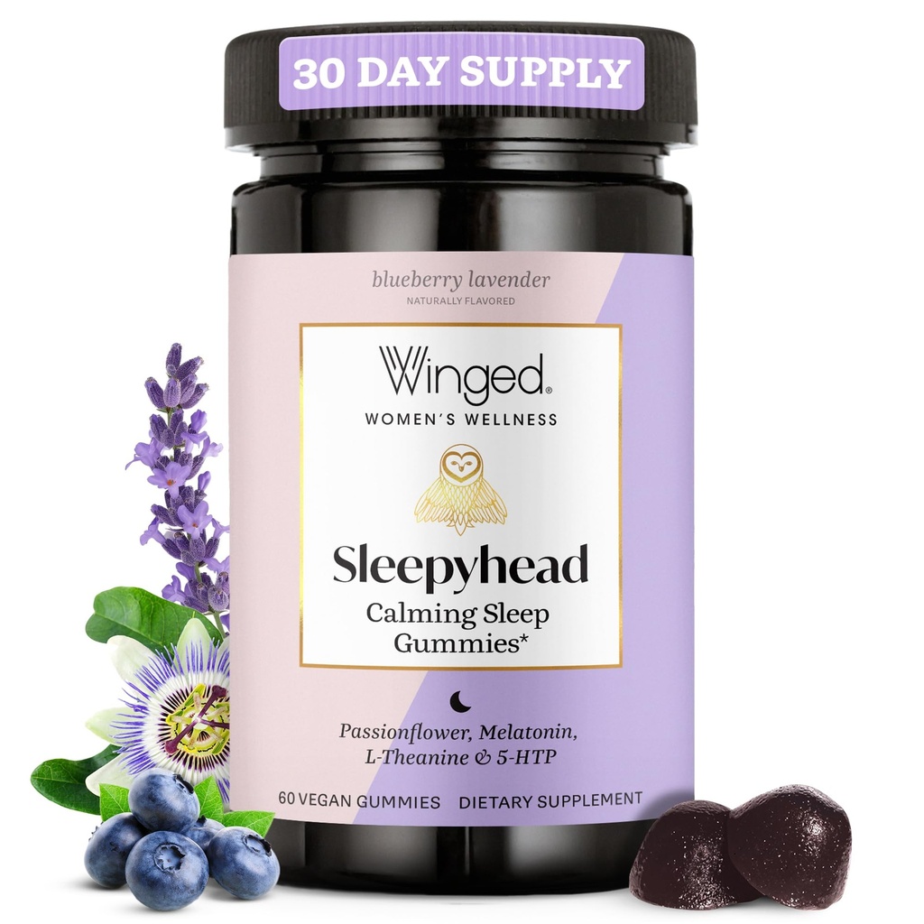 여성을위한 Winged Wellness Sleepyhead 천연 수면 Gummies - 3mg Melatonin, L-Theanine, 5-HTP - 블루 베리 라벤더 맛 - 30 서빙