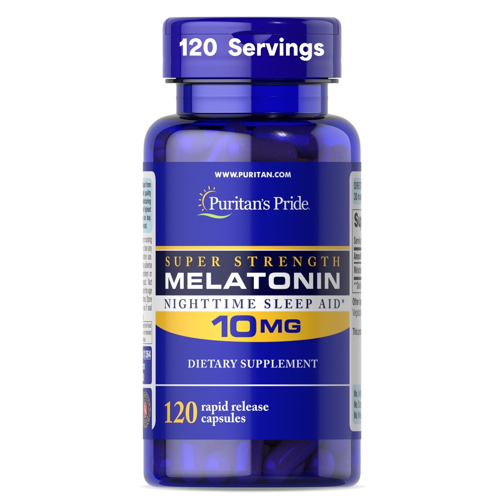 Puritan의 Pride Premium Super Strength Melatonin 10mg Sleep Aid, 사운드, 재완성 및 더 긴 수면 지원, 4 개월 공급, 120 Rapid Release Capsules (5 월 Vary)