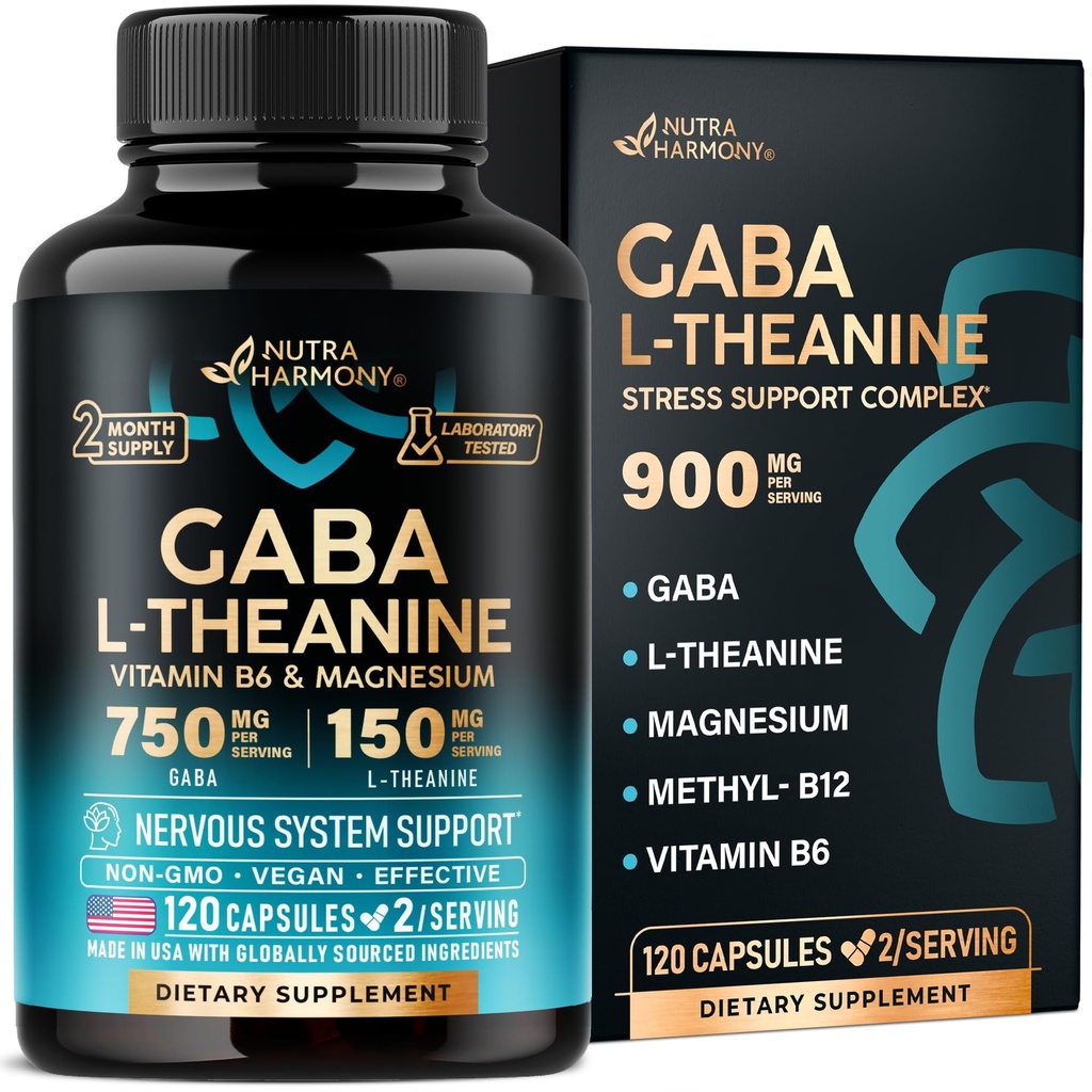 GABA L-Theanine 900 mg - 미국에서 만든 - 마그네슘 | 비타민 B6 - 캘름, 수면, 휴식 및 계류 지원 - 750 mg 감마 Aminobutyric 산, 150 mg L-Theanine - 비하 비트 형성, 채식주의자 - 120 캡슐