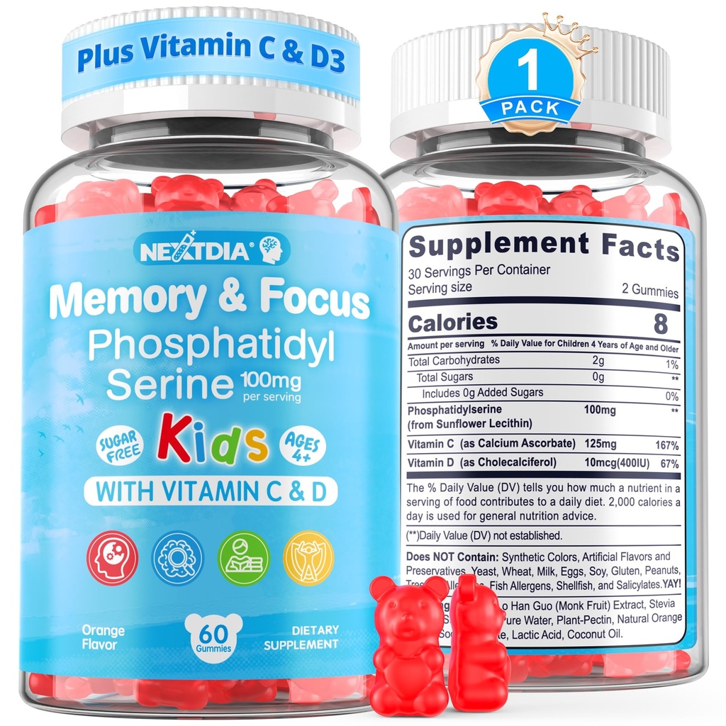 Phosphatidylserine 보충교재 100mg의 아이 대를 위한 초점 Gummies + 비타민 C & D3 400IU의 설탕 자유로운 아이 뇌 Gummies 증가 주의 & 농도, Chewable, Vegan, 글루텐 자유로운, 비 GMO 60Cts