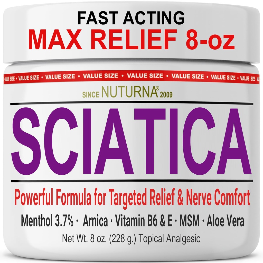 Sciatica Nerve Cream - 발, 손, 다리, 발가락, 뒤를 위한 최대 힘 안락 크림 - 자연적인 매우 힘 Arnica, MSM, Menthol, Soothing 안락, 큰 8 Oz