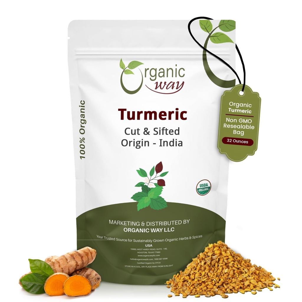 Organic Way Turmeric/Haldi Root Cut & Sifted (Curcuma Longa) - 초본 차 | Kosher & USDA 인증 | Vegan, Non-GMO 및 글루텐 프리 | 인도의 100 % Raw (2LBS / 32Oz.)