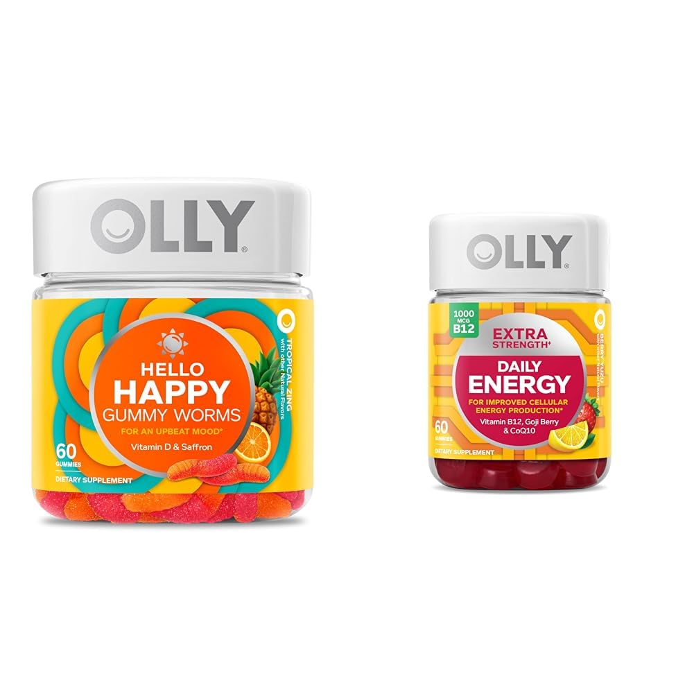 OLLY Hello Happy Gummy Worms, Mood Balance Support, 비타민 D, Saffron, 성인 Chewable 보충 및 추가 강도 매일 에너지 거미, 카페인 무료, 1000mcg 비타민 B12, CoQ10, Goji Berry
