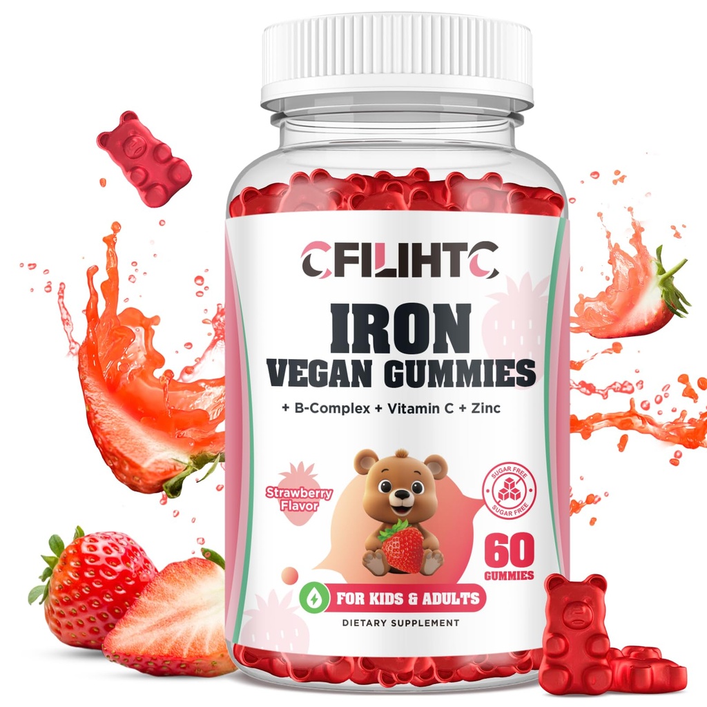 아이, 여성 및 남성, 멀티 비타민 B 복합체, C, B6, B12, Folate, Anemia, Iron Deficiency, Blood Builder, Energy - Strawberry flavor, Vegan 60ct에 대한 철 팽창