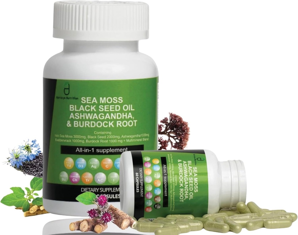 Sea Moss 캡슐 - 60 캡슐 Seamoss 블랙 씨앗 오일 Ashwagandha Burdock 뿌리 보충, 아일랜드 바다 Moss 보충 비타민 C D3 Manuka & Dandelion, 멀티 미네랄 보충