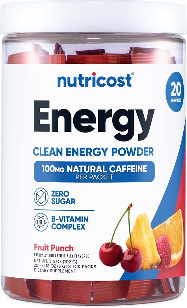 Nutricost Energy Complex Stickpack (20 서빙) 과일 펀치 맛 - 글루텐 프리 + 비 GMO