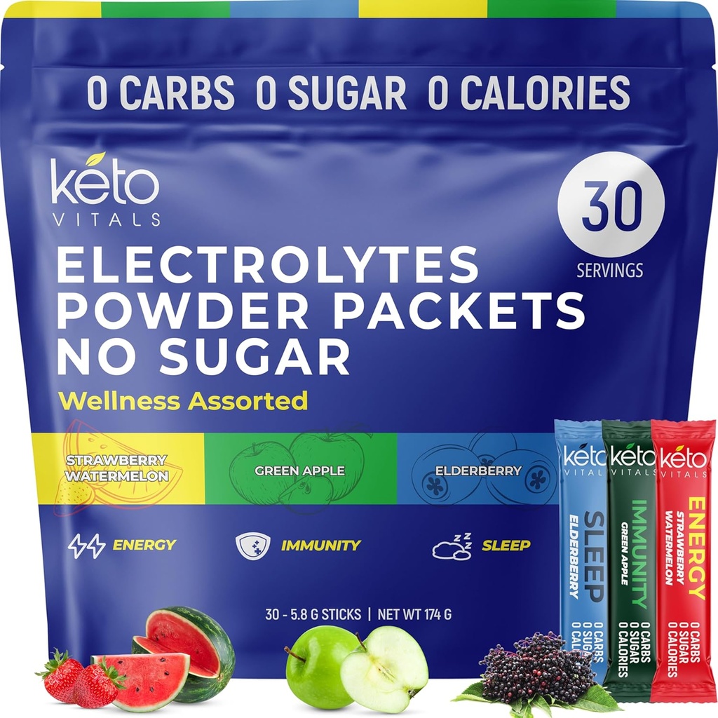 Keto Vitals Electrolytes Powder Packets with Energy, Immunity, 수면 추가 혜택 | Boost Energy, Strengthen Immunity, Enhanced Sleep | Zero Sugar, Zero Carb, Zero Calorie