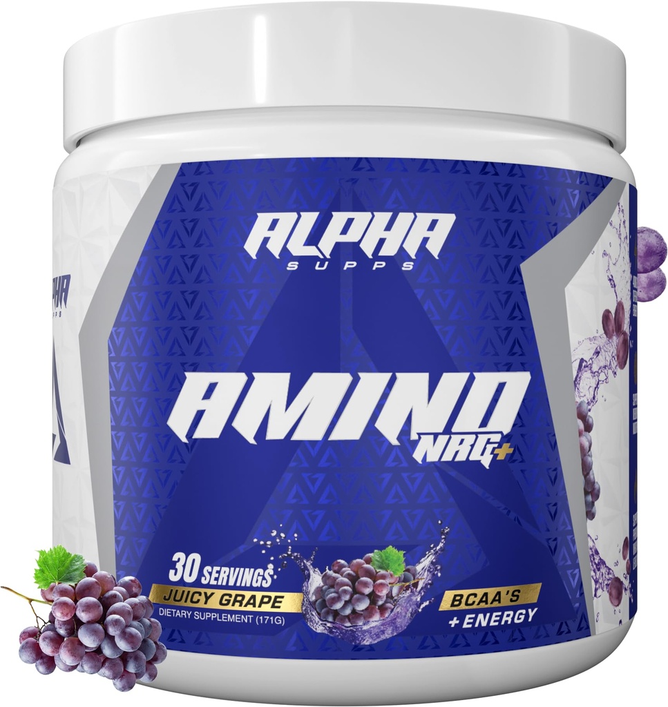 Alpha Supps Amino NRG+ BCAA Amino Energy Recovery Powder - Electrolytes와 Hydration Blend - Men & Women (30 서빙, Juicy Grape)의 최적의 성능 지원을위한 초점 혼합