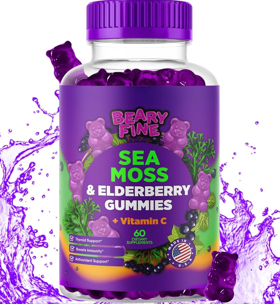 Sea Moss Gummies & Elderberry - 비타민 C + 아연 - 추가 강도 Immune & Thyroid Support Booster Gummy Bear for Kids & Adults - 60 Seamoss Gummies - 미국에서 제작 됨