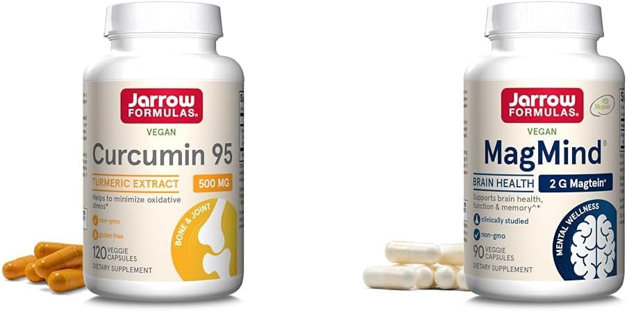 Jarrow Formulas Curcumin 95 500mg - 최대 120 인분 (Veggie Caps) - Magtein (Magnesium L-Threonate), Dietary Supplement가있는 Turmeric Curcumin Extract & MagMind Brain Health
