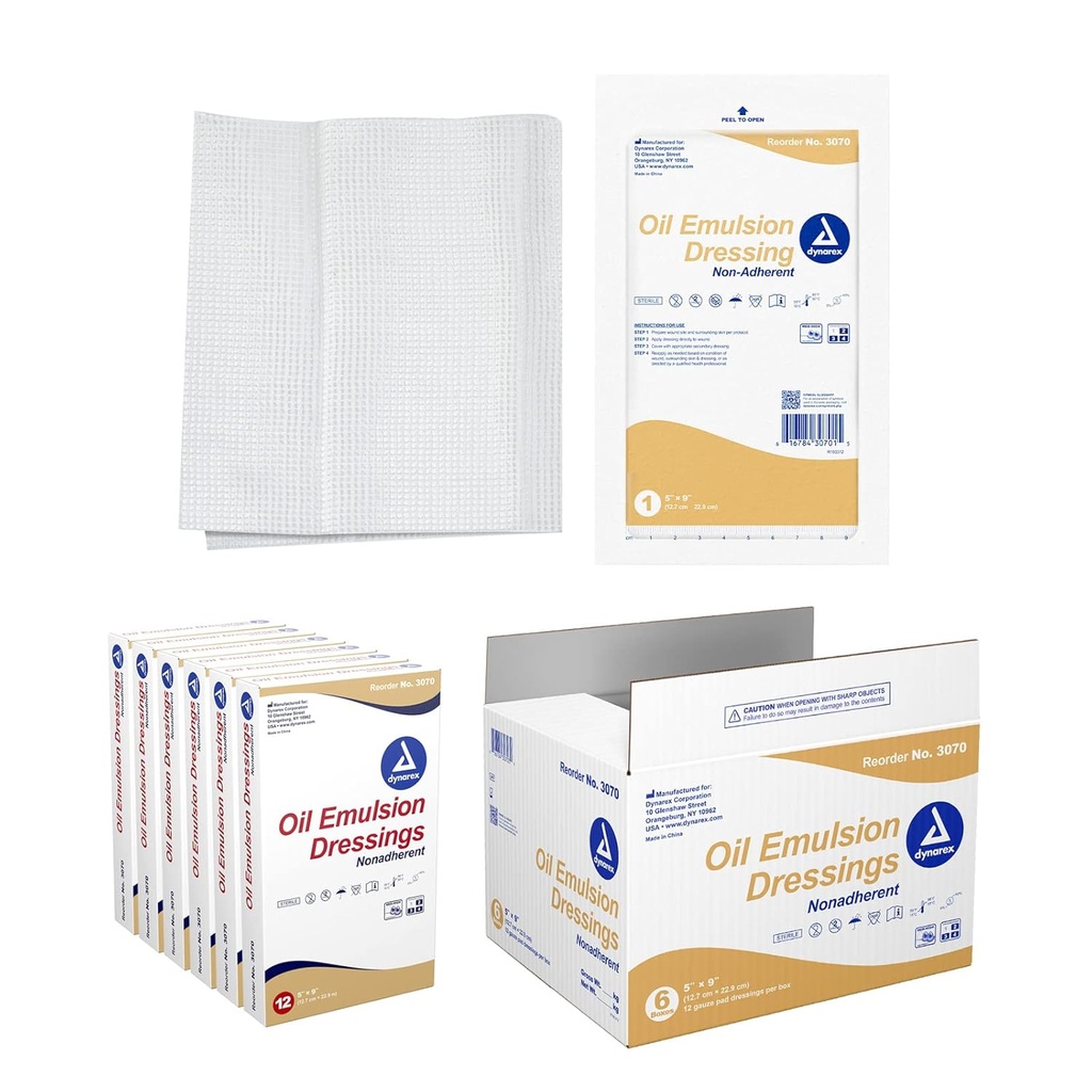 Dynarex Oil Emulsion Dressings, Wound Care, Absorbent, 5"x 9" 휘발유 및 해바라기 오일의 유화 혼합과 함께 멸균 가루, 12 오일 에멀젼 드레싱의 6 박스