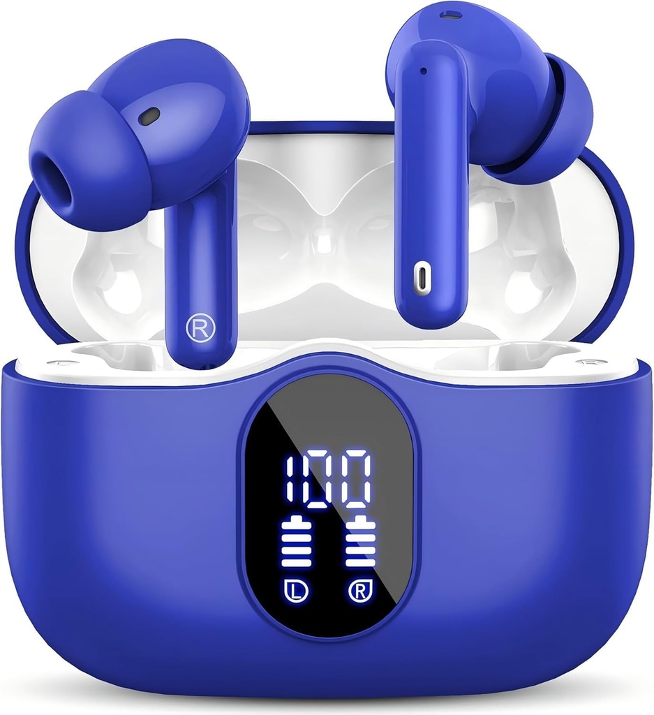 무선 Earbuds Bluetooth 5.3 헤드폰 베이스 스테레오 이어 버드와 소음 차단 마이크 LED 디스플레이 귀 이어폰 IP7 방수 36H 재생 노트북 패드 전화 스포츠 운동 블루