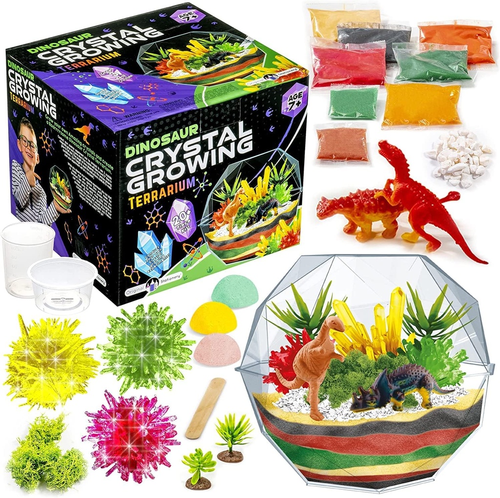 Original Stationery Dinosaur Crystal Growing Kit - 다색, 17 조각, 나이 7 & 업 - Moss & Dino Figures가있는 DIY 과학 Terrarium Kit - 자신의 결정 성장 - 소년 생일 선물