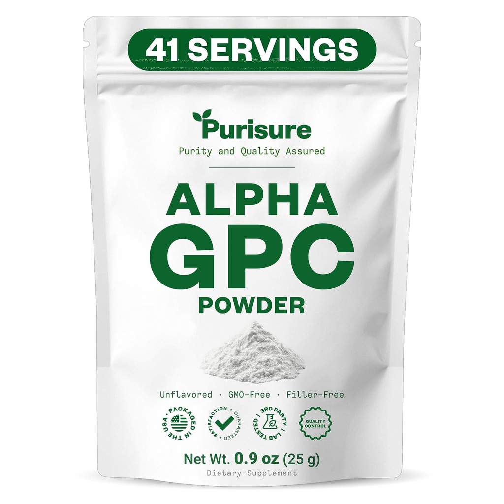 Purisure 알파 GPC 분말, 25 g, 뇌 및 초점을위한 순수한 알파 GPC 콜린 보충, CDP 콜린은 메모리 성능 및 농도, 필러 없음, 비 GMO, 42 서빙을 보충