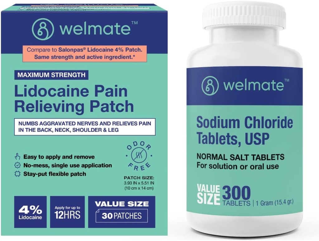 WELMATE 회복 뭉치: 염화 나트륨 정제, 300ct + 4% 리도카인 Numbing 패치 30 ct