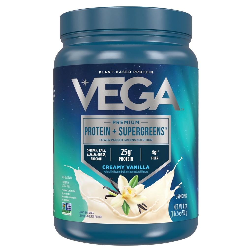 Vega Protein and Greens Protein Powder Creamy Vanilla (11 서빙) 25g Plant Based Protein Plus Veggies, Vegan, Non-GMO, 여성 및 남성용 완두 단백질, 1.2lbs