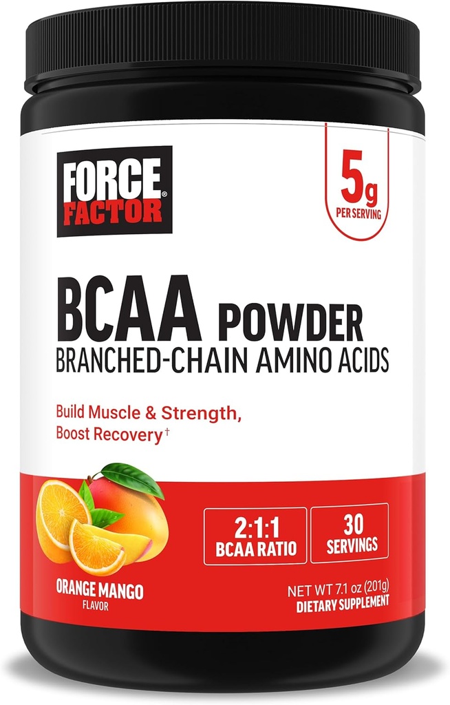 힘 요인 BCAA 아미노산 보충교재 2:1: 1, 근육 회복과 성과, 인공적인 색깔 또는 풍미, 오렌지 망고, 30의 서빙에 맛있고는 그리고 재생 BCAA 분말