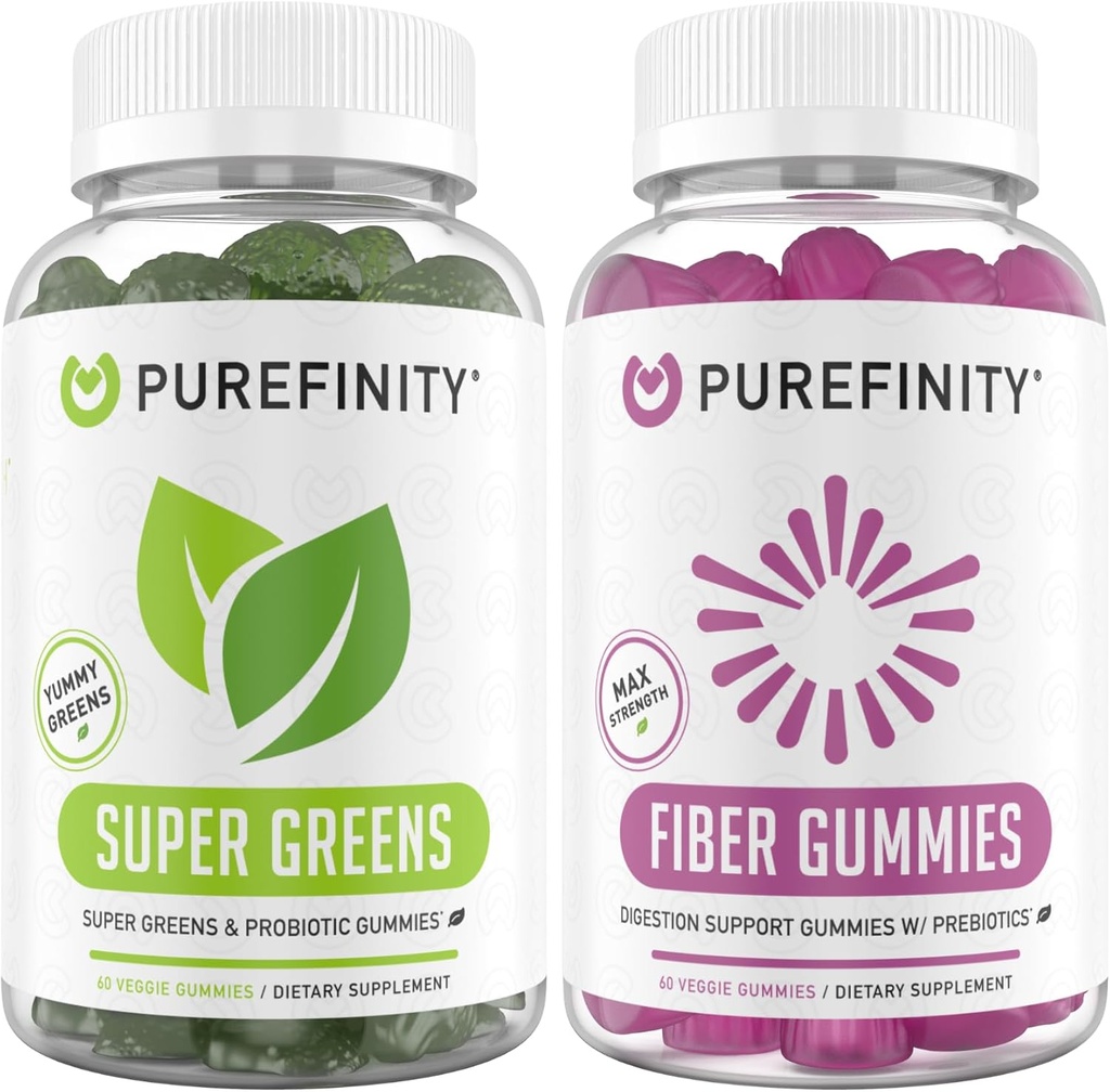 PUREFINITY 섬유 + Super Greens Gummies 번들 (Inulin FOS Prebiotic Fiber Gummies + Super Greens Gummies) - Spirulina, Alfalfa, Spinach, Broccoli, Beet Root, Acai와 함께 매일 Supergreens