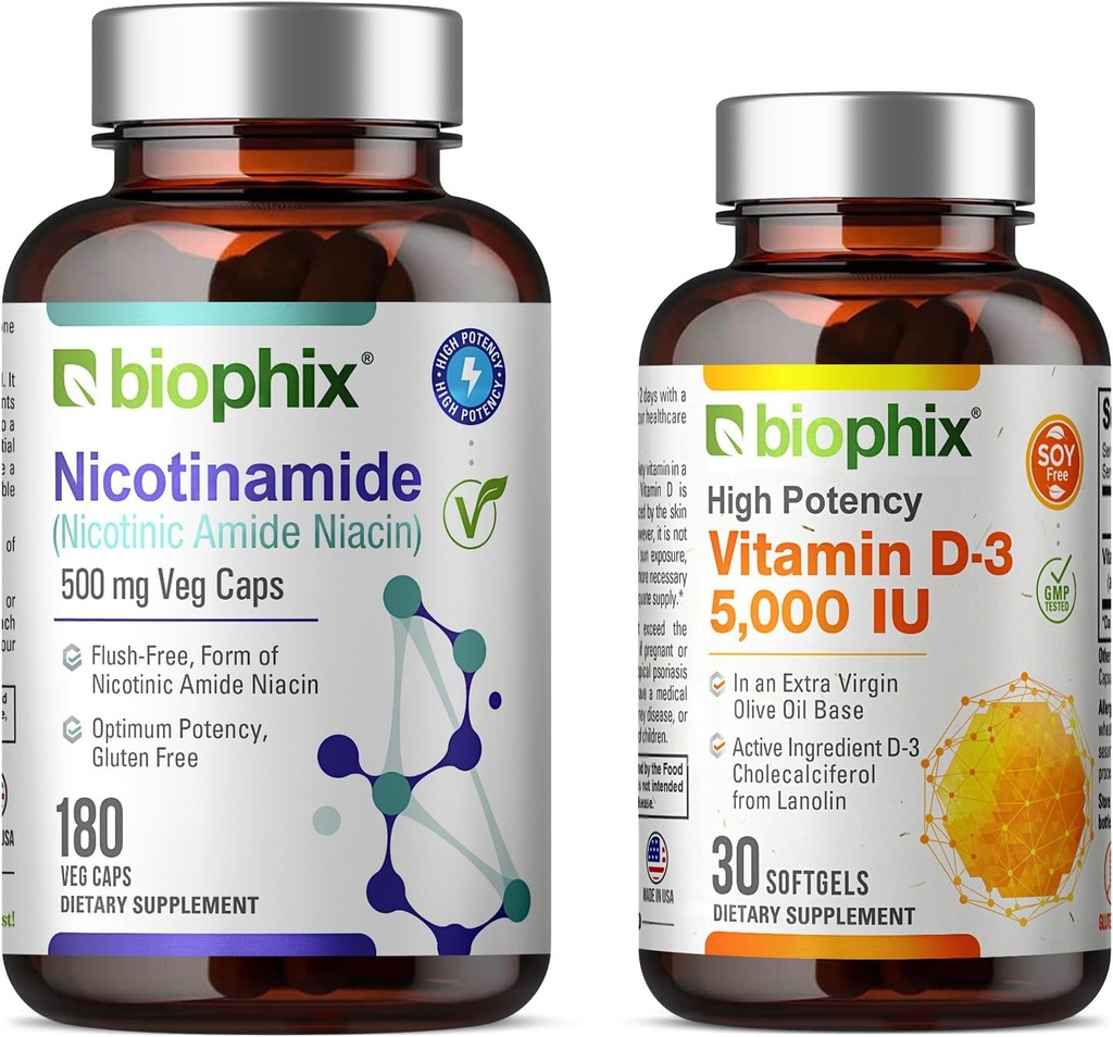 비스듬한 B-3 니코틴아미드 500 mg 180 Vcaps 플러스 무료 비타민 D-3 5000 IU 30 Softgels - 니코틴아미드 Niacin 자연적인 홍조 자유로운 비타민 공식 - 지원 피부 세포 건강
