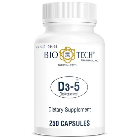 Bio-Tech Pharmacal D3-5 (5000 IU), 250 캡슐 - 모든 자연 보충 – 지원 뼈 & 면역 건강 – 아니 낙농, 물고기, 글루텐, 땅콩, 껍질, & 콩 없음 – 인공 색상 없음