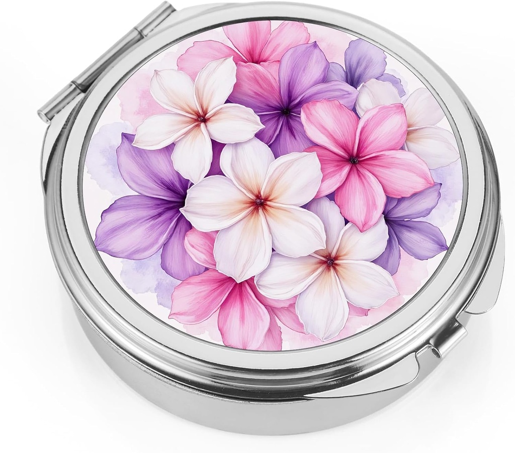 Dynippy Pill Case Pill Box with Mirror Pocket 3 Compartment Medicine Case Vitamin Pill 주최자 포켓 지갑 및 여행 (Round, Silver-BloomBurst)