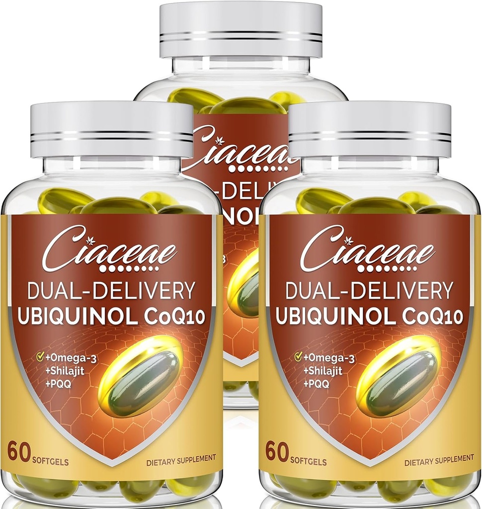 Ubiquinol CoQ10 600 MG Softgels 와 Omega-3 & Shilajit & PQQ, 고급 이중 배달 Coenzyme-Q10, Active CoQ10 Ubiquinol 보충, 산화 방지제, 심장, 두뇌 및 에너지, 180 서빙