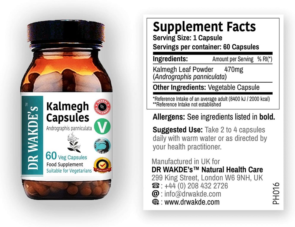 DR WAKDE'S Kalmegh 캡슐 (Andrographis panniculata, 60 Veg 모자, 식물 기반 보충교재, Ayurvedic 허브, 모든 자연, Vegan)