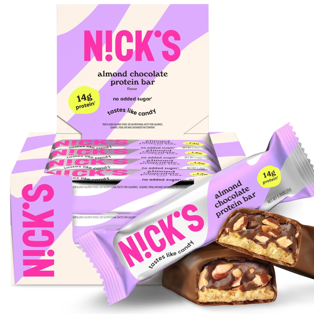 Nick's Protein Bars Chocolate | 고단백 | 저 칼로리 | 저탄수지 케토 친숙한 간식 추가 설탕(다 팩 12 바 x 50g) (12 개 팩 1), 알몬드 초콜릿)