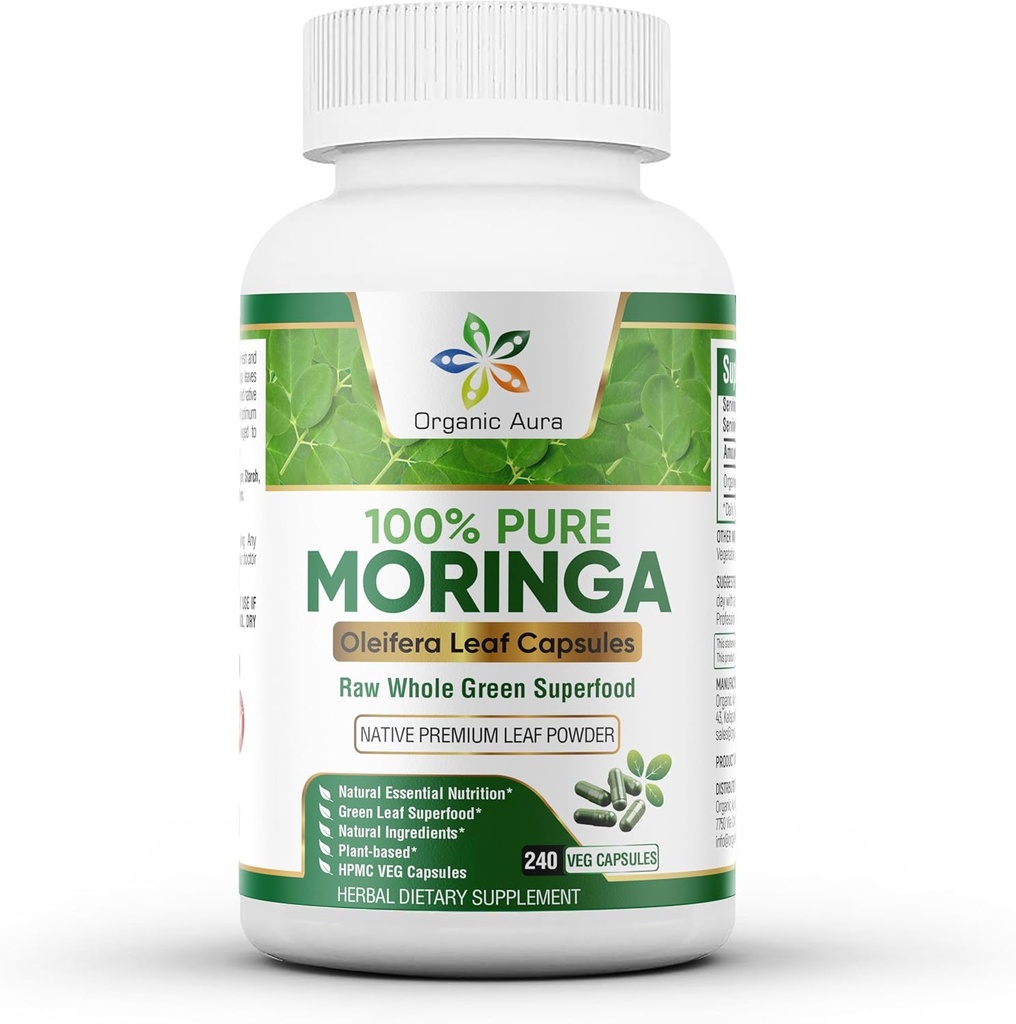 유기 아우라 모링가 캡슐 - 240 Ct 도매 팩. Energy, Metabolism, Lactation, Immunity & Joint Health를 위한 정통 원료 Moringa 잎 보충교재. Whole Leaves 녹색 슈퍼 푸드 영양.