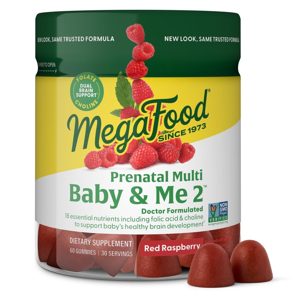 MegaFood Baby & Me 2 Prenatal Vitamins for Women Gummies with Folic Acid and Choline for Baby’s Brain Development; Plus Real Fruit- Red Raspberry flavor - 60 Gummies (30 서빙)