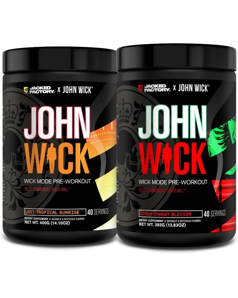 Jacked Factory X John Wick - Wick Mode Pre Workout Powder - Intense Energy, Battle-Ready Focus, Unstoppable Commitment 및 Sheer Will - Last Tropical Sunrise & Osaka Cherry Blossom (80 인분)