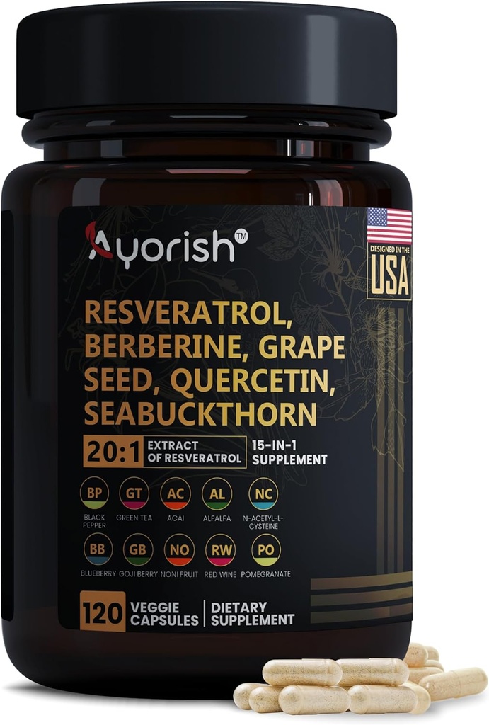 Resveratrol 보충교재 | Berberine 포도씨 추출물 Quercetin 녹차 추출물 Acai Noni Polyphenol 여성 & 남자, N-Acetyl Cysteine NAD 승압기 120 조사를 위한 보충교재